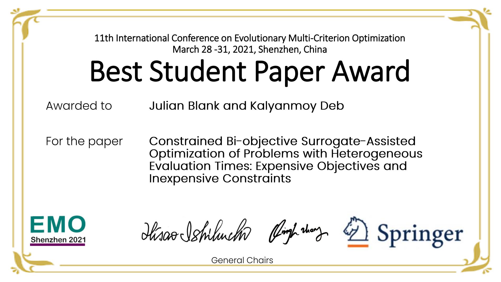 Constrained Bi-objective Surrogate-Assisted Optimization best paper award